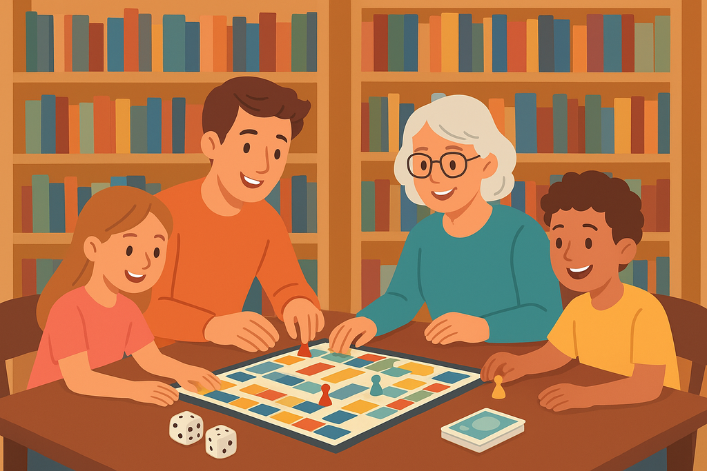 Brettspielsamstag am Weltkindertag draußen vor der Bibliothek in Mettmann